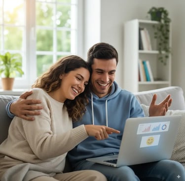 pareja feliz viendo su invitación digital de boda