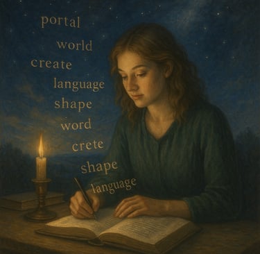 Ilustração de uma mulher jovem escrevendo em um livro à luz de uma vela, com palavras relacionadas 