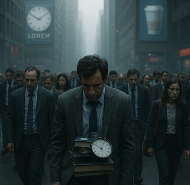 Cena urbana realista mostrando uma multidão em movimento apressado, com rostos cansados 