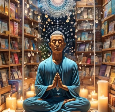 Ilustração simbólica de uma figura humana meditando dentro de uma vitrine de loja,.