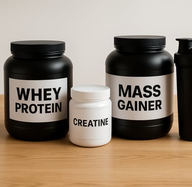 Whey Protein, Creatina e Hipercalórico.