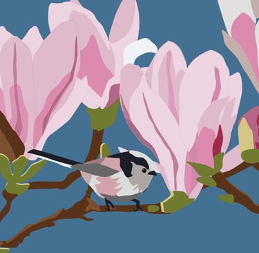 digital art magnolia flowers and chickadees 