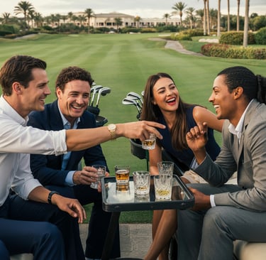 Friends in business attire laughing and drinking whiskey at a luxury golf course resort.