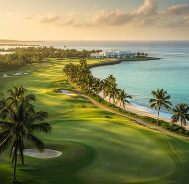 Luxury tropical golf course resort with green fairways and palm trees along a turquoise ocean beach.