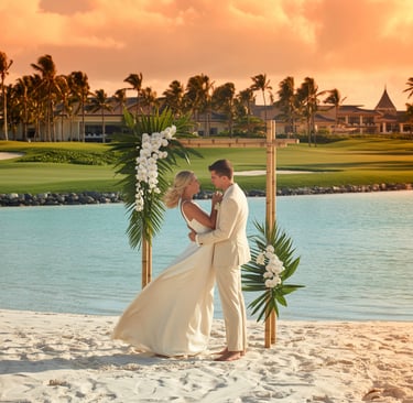A bride and groom embrace at a tropical beach wedding ceremony during a sunset in Hawaii.