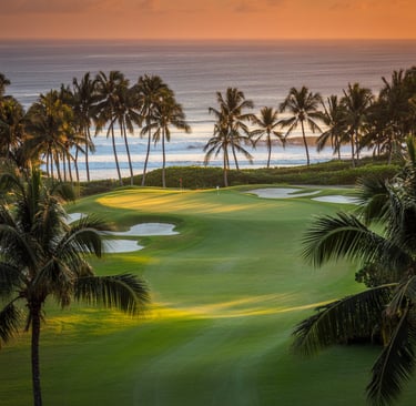 Luxury oceanfront golf course green with palm trees and sand bunkers at sunset.