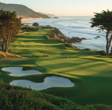 Scenic coastal golf course green with sand bunkers overlooking the ocean at sunset.