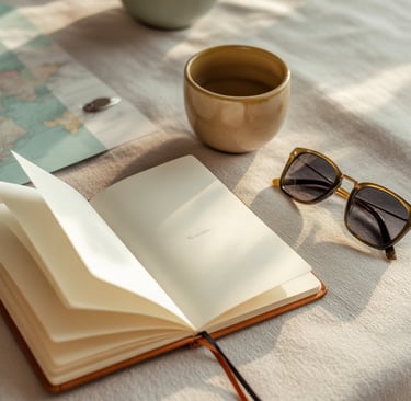 Open travel journal with sunglasses, a map, and a coffee mug on a linen table for vacation planning.