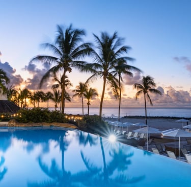 Luxury beachfront resort in Barbados with palm trees and ocean views, showcasing upscale Caribbean a