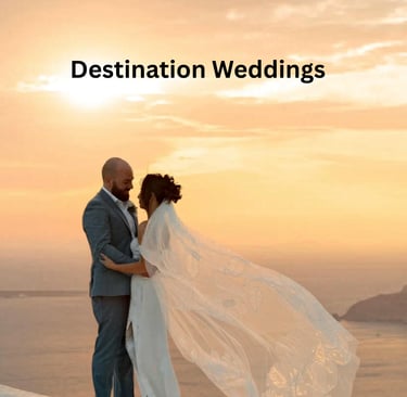 A bride and groom embrace during a sunset destination wedding overlooking the ocean in Santorini.