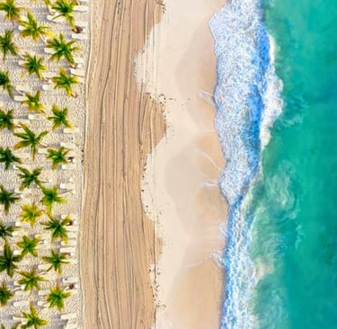 Aerial view of a tropical white sand beach with palm trees and turquoise ocean waves.