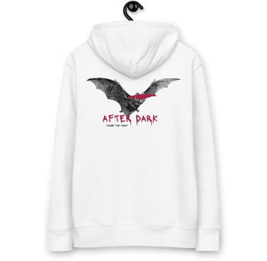 a white hoodie with a bat bat in the middle of it