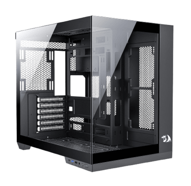 a computer case with a glass door and a black case