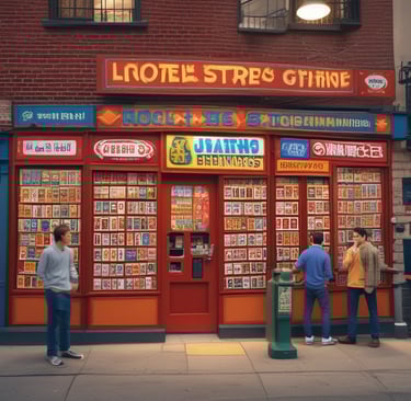 A street vendor stall displaying an array of lottery tickets clipped to a bright blue kiosk. A man in a red shirt leans on the counter, appearing thoughtful, while another man in a white shirt adjusts his hat and walks by. A variety of products hangs from strings above, and a colorful display fills the background with vibrant signs and packets. The scene suggests a busy, lively marketplace.