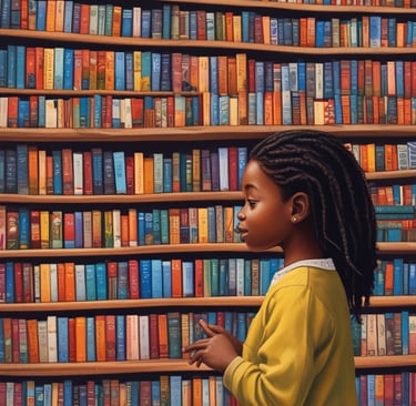 A stack of books on a patterned fabric background, topped with a string of black and white prayer beads. The titles include 'The Secret Lives of Baba Segi's Wives' and 'Half of a Yellow Sun', along with collections referred to as 'The African Trilogy' and 'The Cairo Trilogy'.