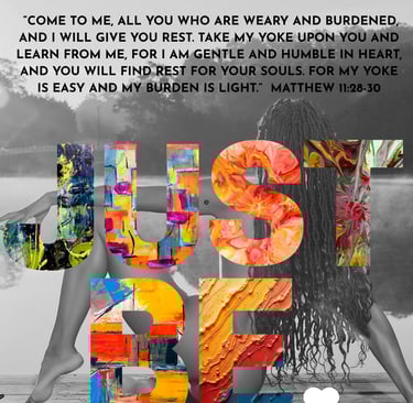 Inspirational poster featuring Matthew 11:28-30 Bible verse over a woman sitting by a lake with Just Be text.