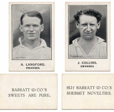 Two Barratt & Co.'s cigarette cards from 1928, featuring portraits of Swansea footballers A. Langford and J. Collins