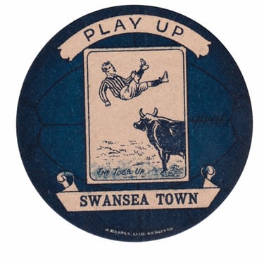 Vintage Swansea Town football club badge featuring a player tossed in the air by a bull.