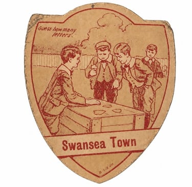 Vintage Swansea Town shield illustration featuring children playing a letter guessing game.