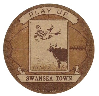 Vintage Swansea Town football badge with a man tossed by a bull and the text Play Up.