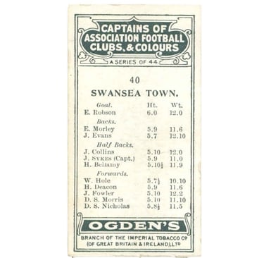 Vintage Ogden's tobacco card featuring the Swansea Town football team player roster and heights.
