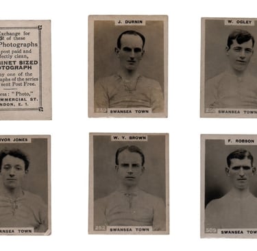 Vintage Swansea Town football trade cards featuring players J. Durnin, W. Ogley, Ivor Jones, W.Y. Brown, and F. Robson.