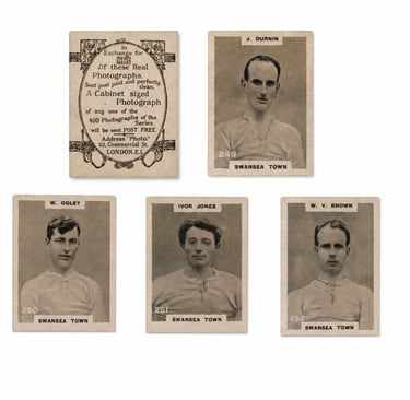 Vintage Swansea Town football trade cards featuring players J. Durnin, W. Ogley, Ivor Jones, and W. V. Brown.