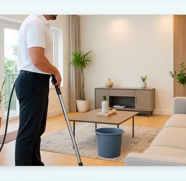 Man using a vacuum cleaner to clean the living room, focusing on the carpet and the furniture.