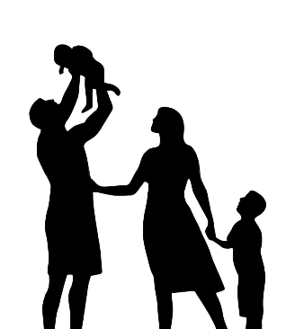 Silhouette of a family standing together against a light background.