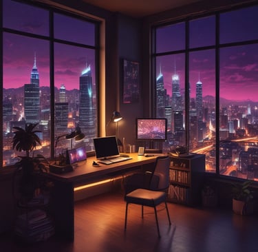 a desk with a computer monitor and a laptop