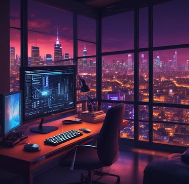 a desk with a computer monitor and a keyboard