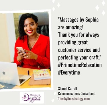 a woman in a red shirt and a laptop reviewing massages by sophia