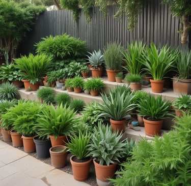 A collection of gardening tools rests in a small ceramic pot beside a larger plant pot filled with soil and green stems. A plastic container with soil is placed nearby. The scene suggests an indoor gardening setup with a focus on planting or potting activities.
