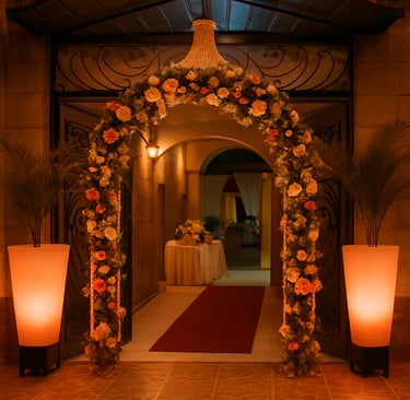 Entrada principal de Magic Party con arco floral iluminado y alfombra roja.
