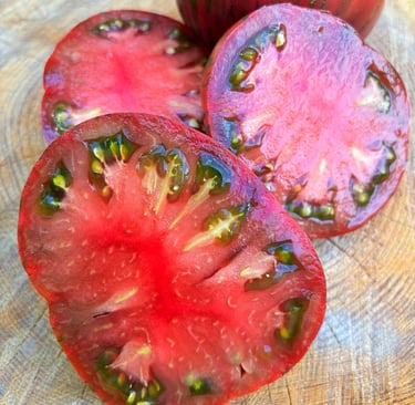 Suffer Well’ tomato, a deep red, round heirloom variety with smooth skin and juicy flesh