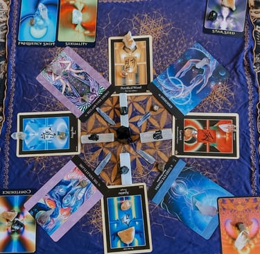 a crystal grid with tarot oracle cards 