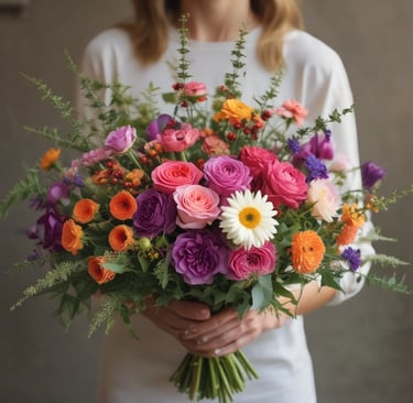 mixed flowers bouquet of flowers in hands of woman