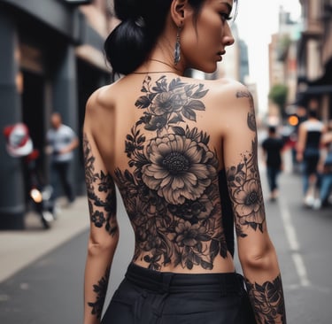 black flower tattoo on woman's back
