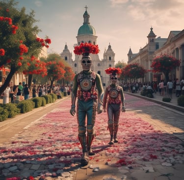men when skull masks decorated with flowers