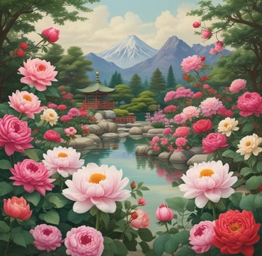 japanese zen garden with roses and peonies