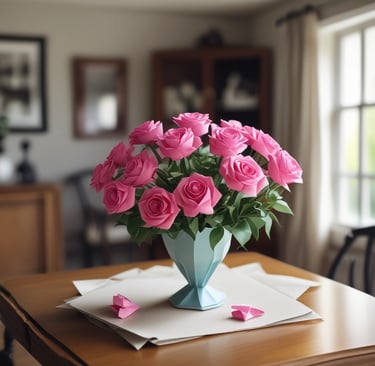 paper pink roses bouquet on table 