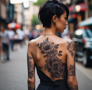 asian woma with black flower tattoo walking down street