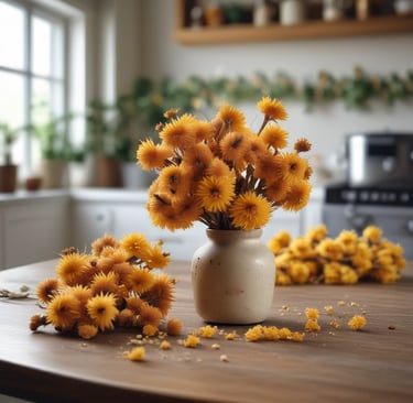 pineapple flowers in ceramic pot on table in kitchen