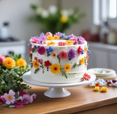 a white cake decorated with flowers of many colors