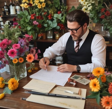 cocktail barman sat at desk writing