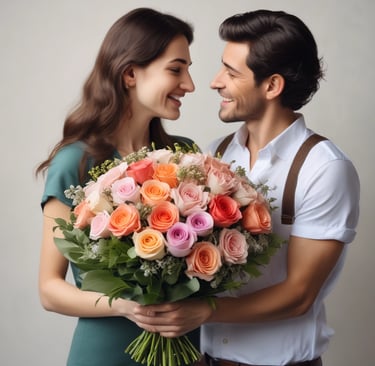 man presenting a gift of multi-color roses bouquet to his wife