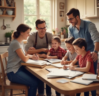 a happy family having a q&a session at the kitchen table