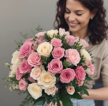bouquet of pink and yellow roses held by woman