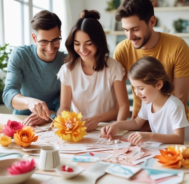 happy family making paper flowers