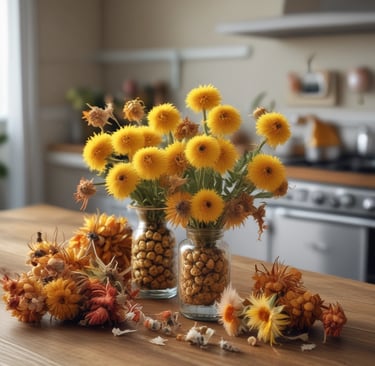 bouquet of dried pineapple flowers on kitchen table